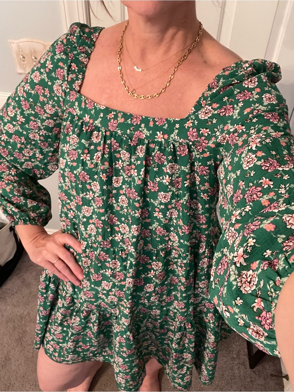 Green Floral Square-Neck Babydoll Dress